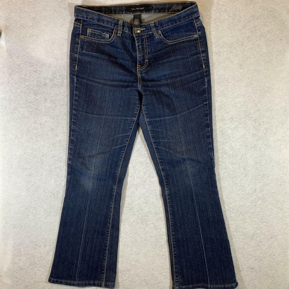 Calvin Klein Womens Blue Mid Rise Dark Flare Denim